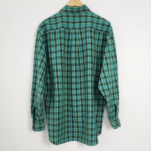 Vtg Cotton Plaid Long Sleeve Collared Button Down Shirt Turquoise Green Yellow - Picture 12 of 16